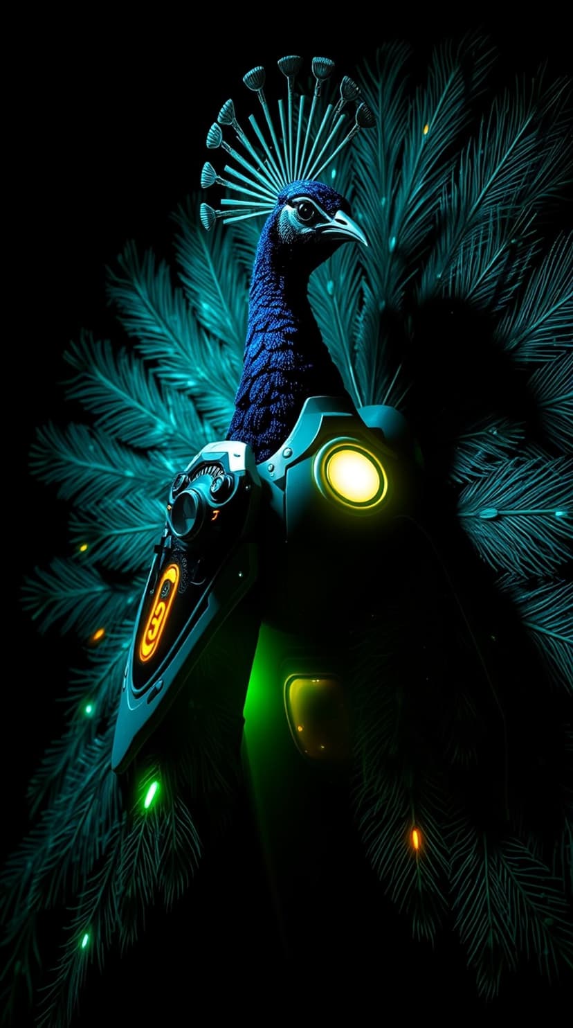 Cyberpunk peacock featuring a mechanical chest plate and glowing teal tail feathers on a dark backdrop.
