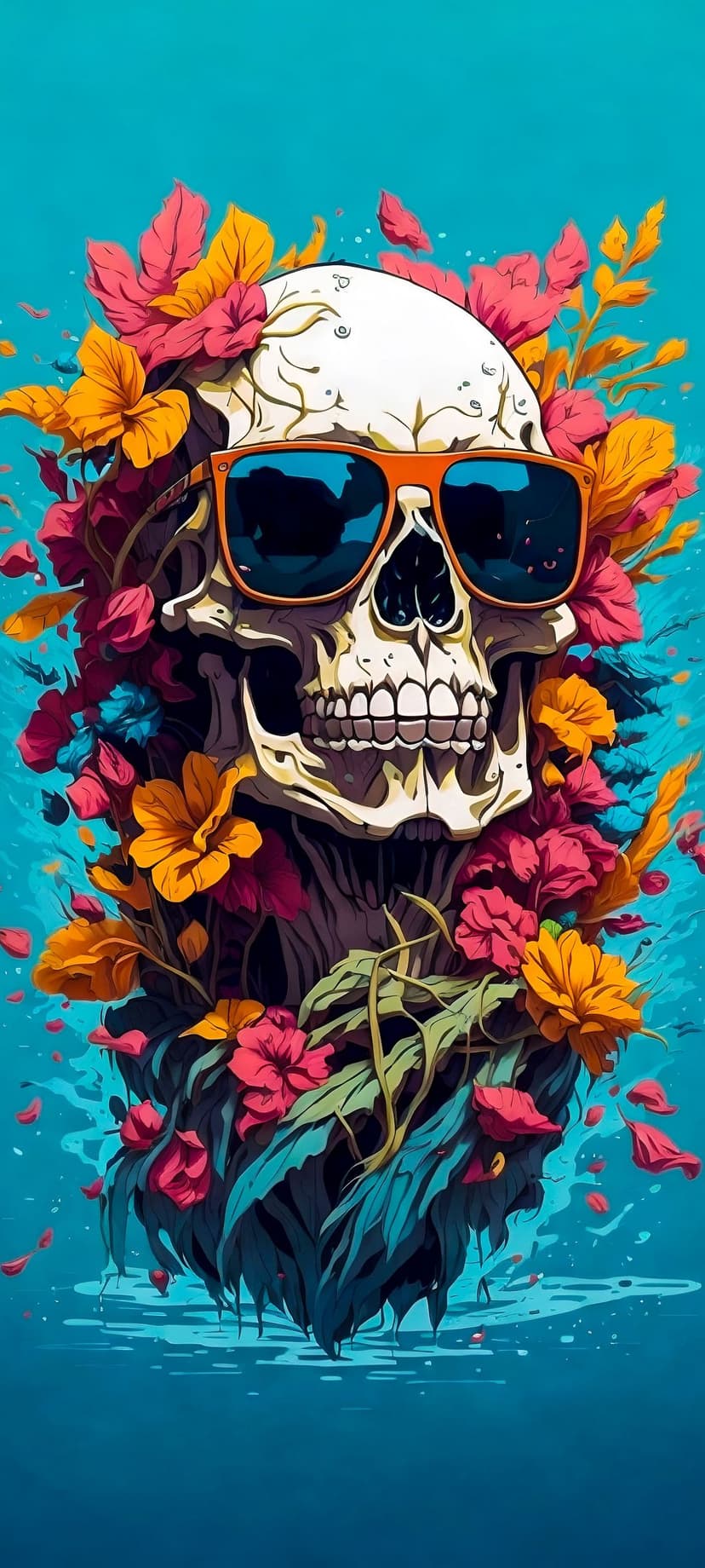 Skull wearing orange sunglasses and a floral crown floats on a rippling blue water surface during the day.