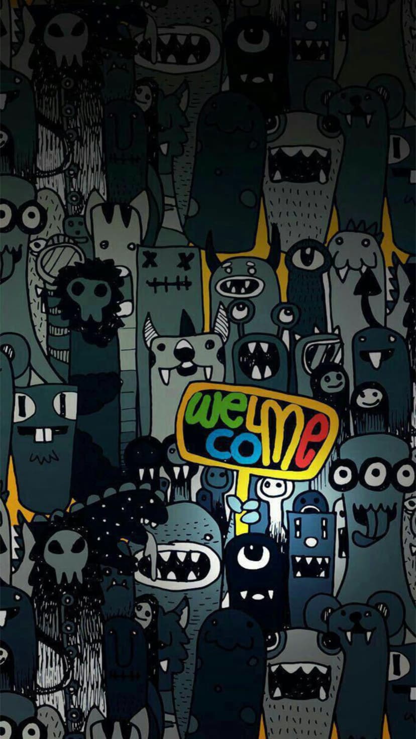 Crowd of blue and gray doodle monsters surrounds a bright yellow welcome sign with colorful lettering.