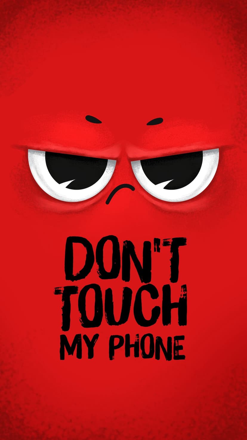 Angry red cartoon face with thick eyebrows above the text don't touch my phone on a textured scarlet background.