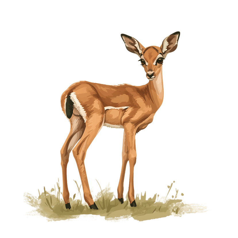 Young antelope with large ears standing in tall grass, painterly digital illustration with textured brown fur.