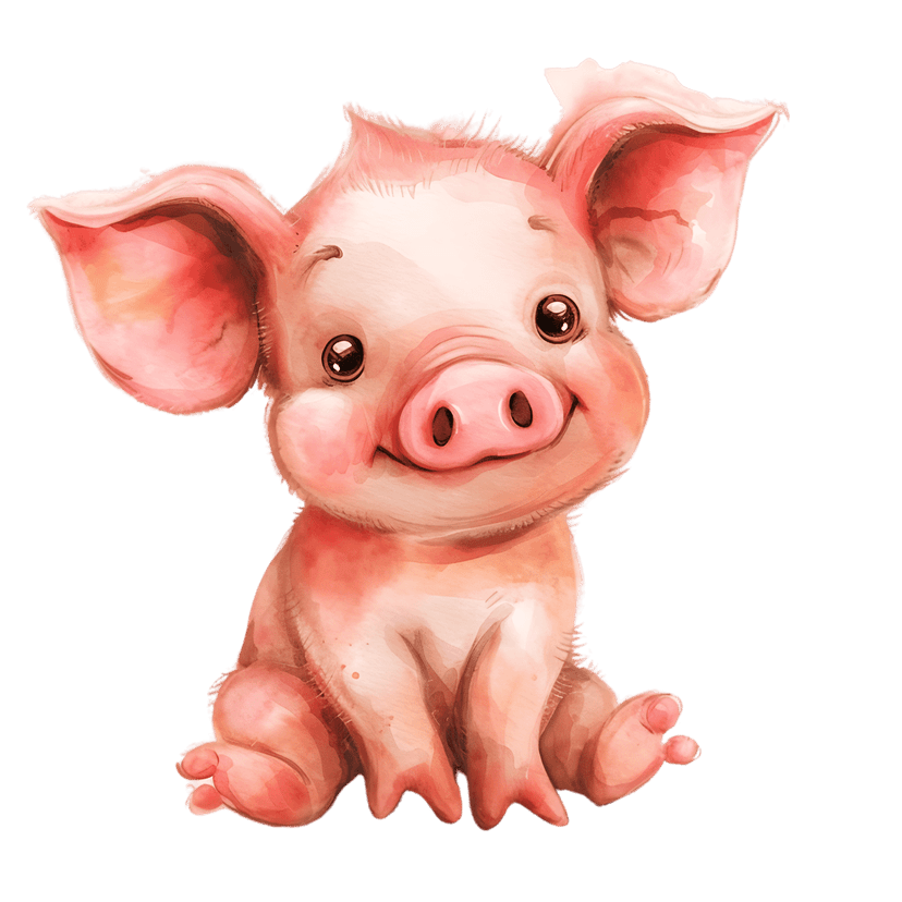 Piglet watercolor illustration sitting upright against a dark backdrop showcasing pink textures and large ears.