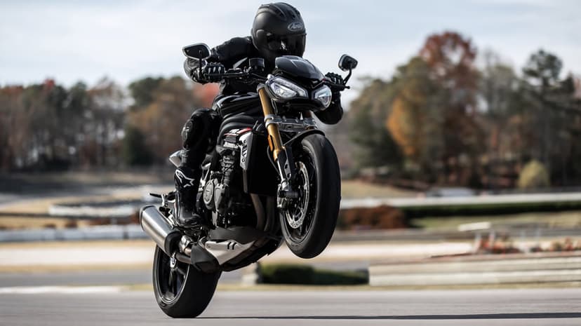 Black motorcycle performing a wheelie on a track with gold forks, dual headlights, and autumn trees behind.