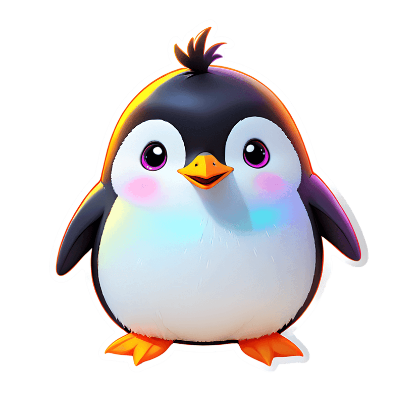 Penguin sticker with iridescent glow features 3D glossy textures, an orange beak, and purple expressive eyes.