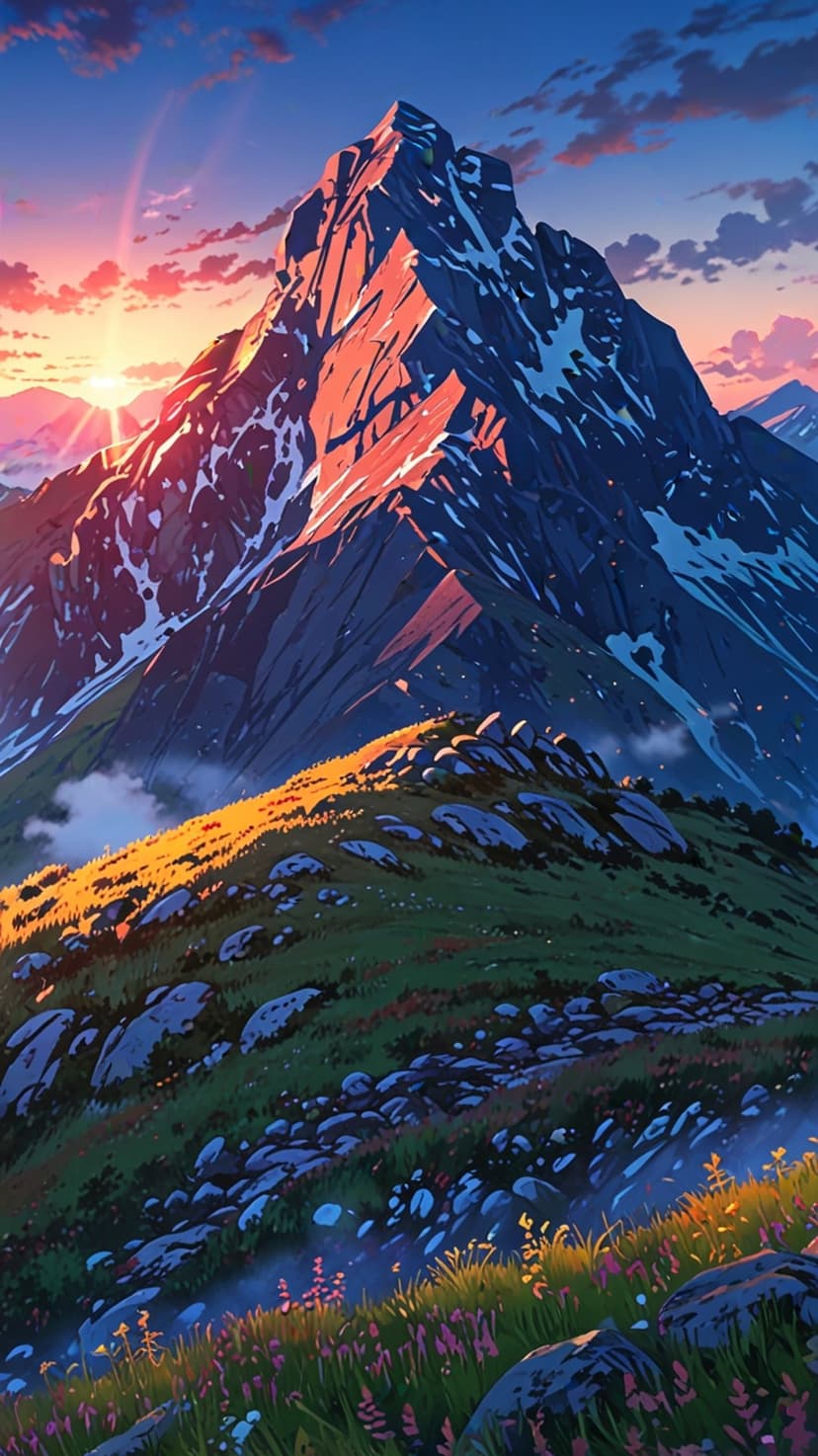 Sharp mountain peak rises behind grassy foothills and blooming wildflowers under a golden morning sunrise.