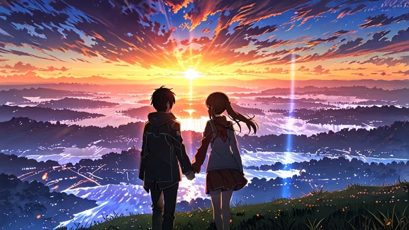Anime boy and girl hold hands on a grassy hill overlooking a sprawling metropolitan skyline at vibrant sunset.