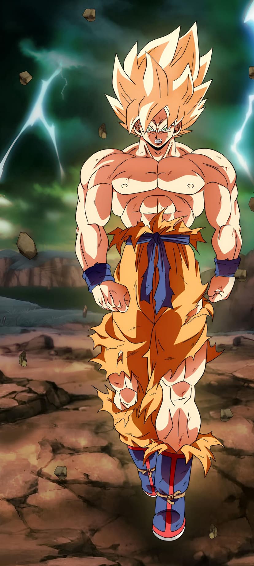 Goku with golden spiky hair stands in a rocky desert under a green lightning sky wearing an orange uniform.