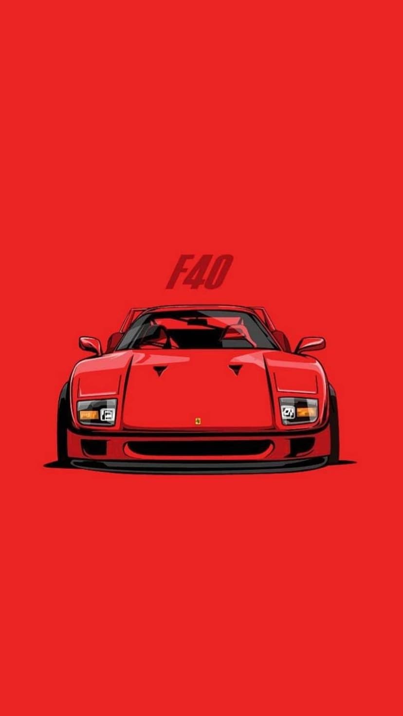 Ferrari F40 supercar faces forward against a solid red background with a minimalist emblem floating above it.