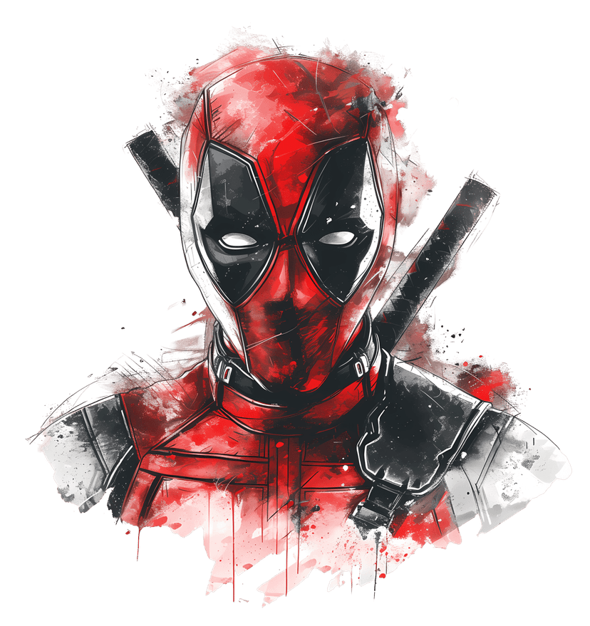 Deadpool character in red tactical suit holding katanas. The masked superhero stands in a dynamic action pose.