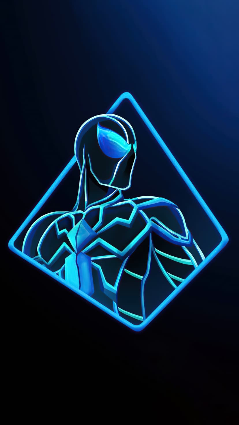 Spider-Man wearing a glowing neon blue suit inside a geometric diamond frame against a solid black background.