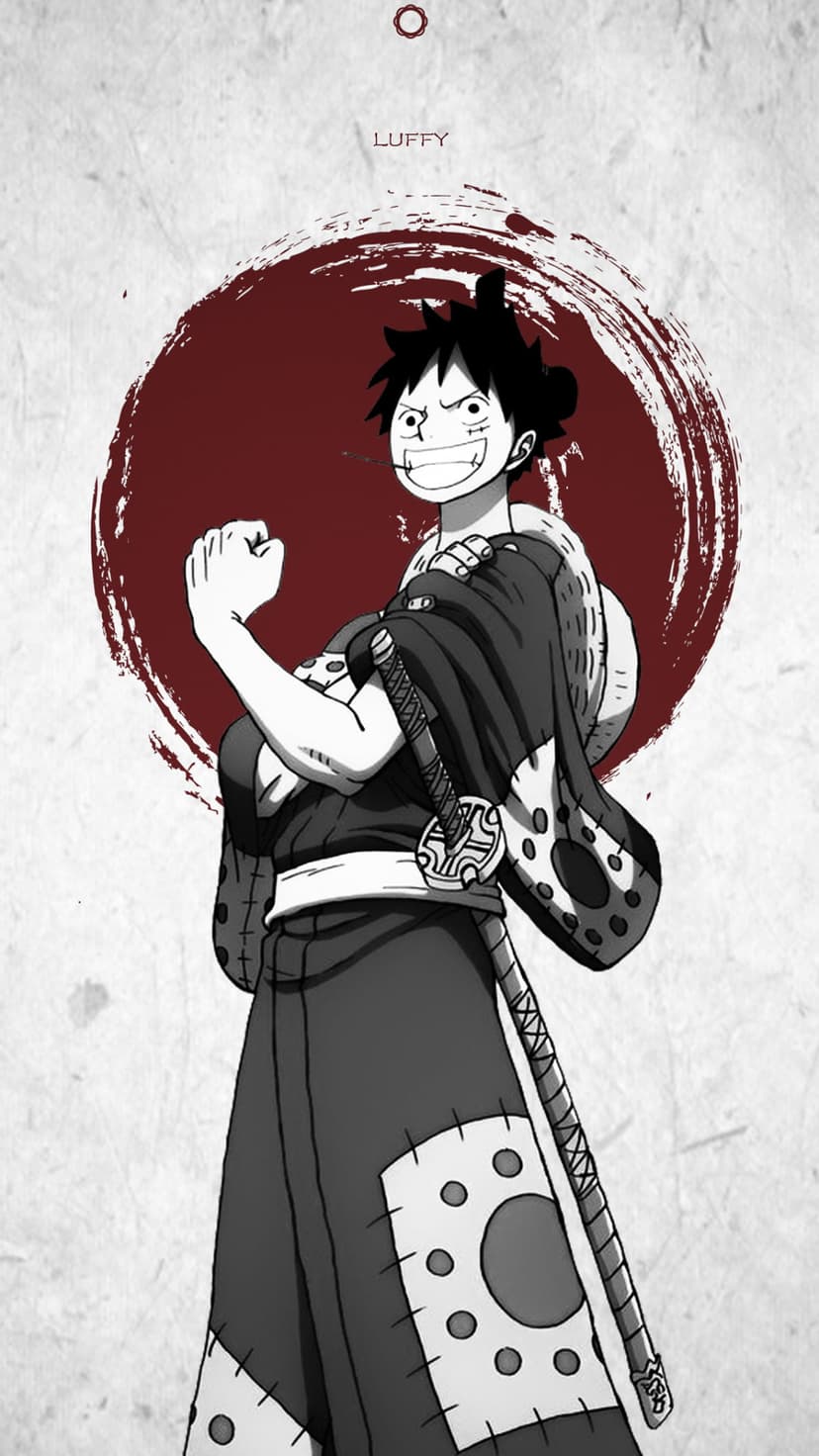Monkey D. Luffy wears Wano Country robes and holds a katana against a large red sun in a black and white sketch.