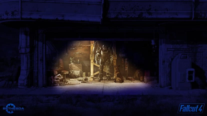 T-60 power armor and a German Shepherd dog in a lit garage surrounded by deep blue nighttime shadows.