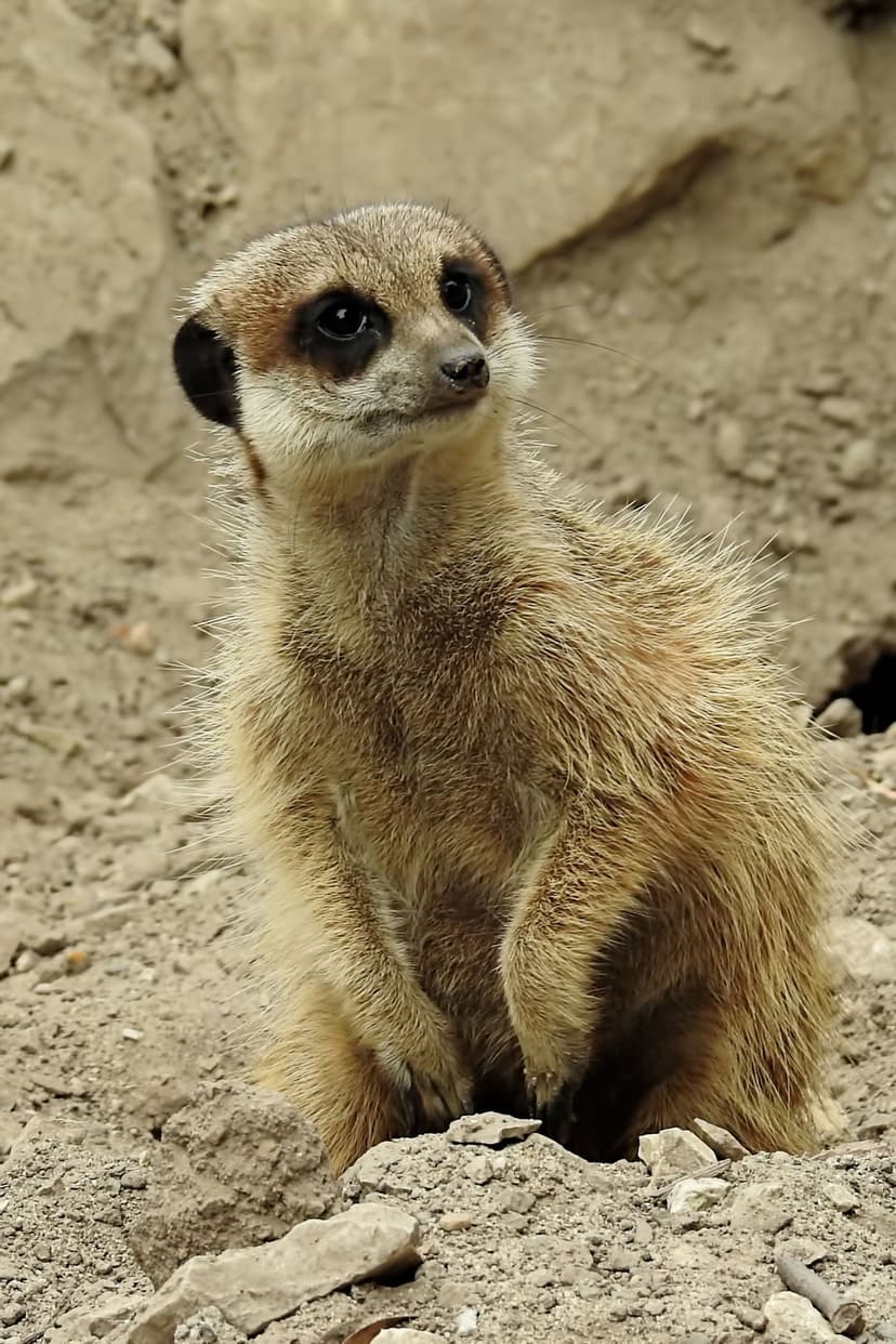 Meerkat with light brown fur sits upright on sandy ground, looking toward the sky with dark eyes and eye patches.