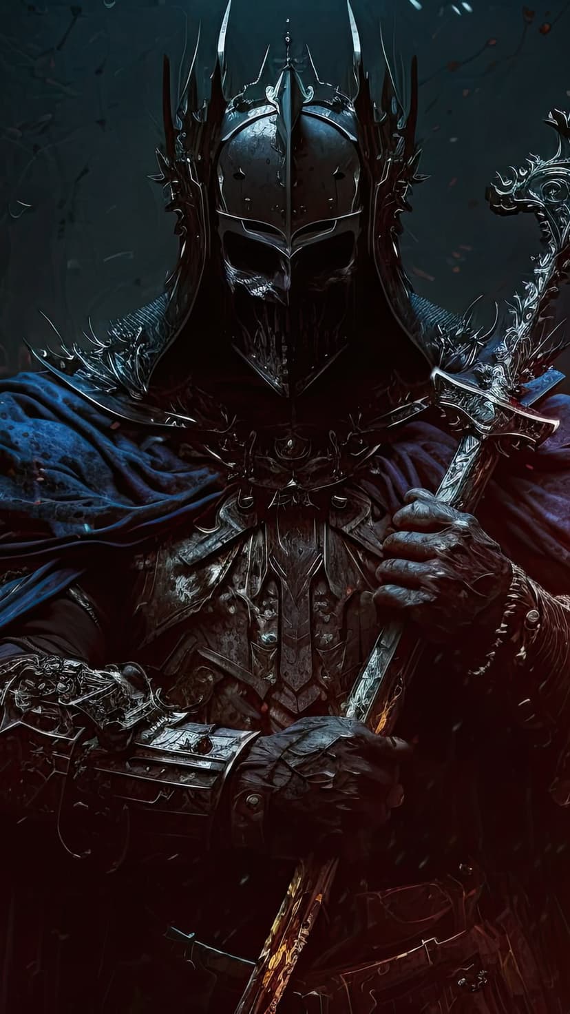 Skeletal knight in spiky black armor and a blue cloak holds a detailed sword against a dark, moody background.
