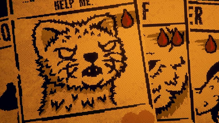 Pixel art stoat on a weathered card with the text HELP ME and red blood droplets in a dark sepia scene.
