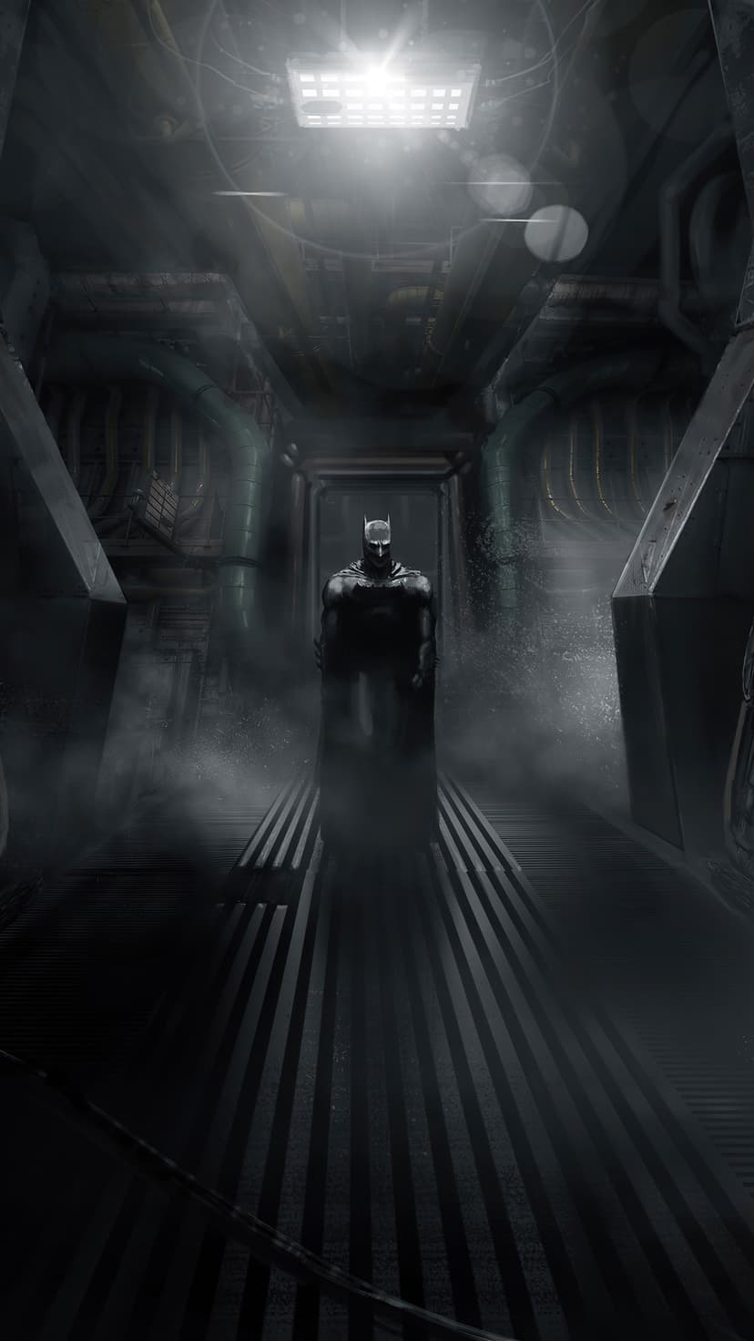 Batman stands stoically in a foggy industrial corridor with overhead light casting long shadows on the floor.