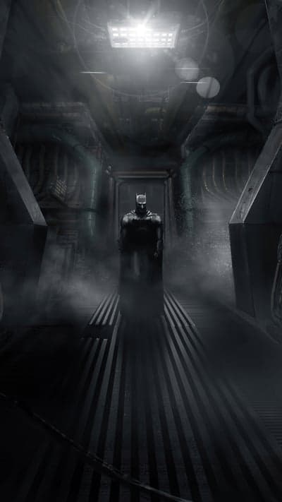 Batman stands in a dimly lit industrial corridor