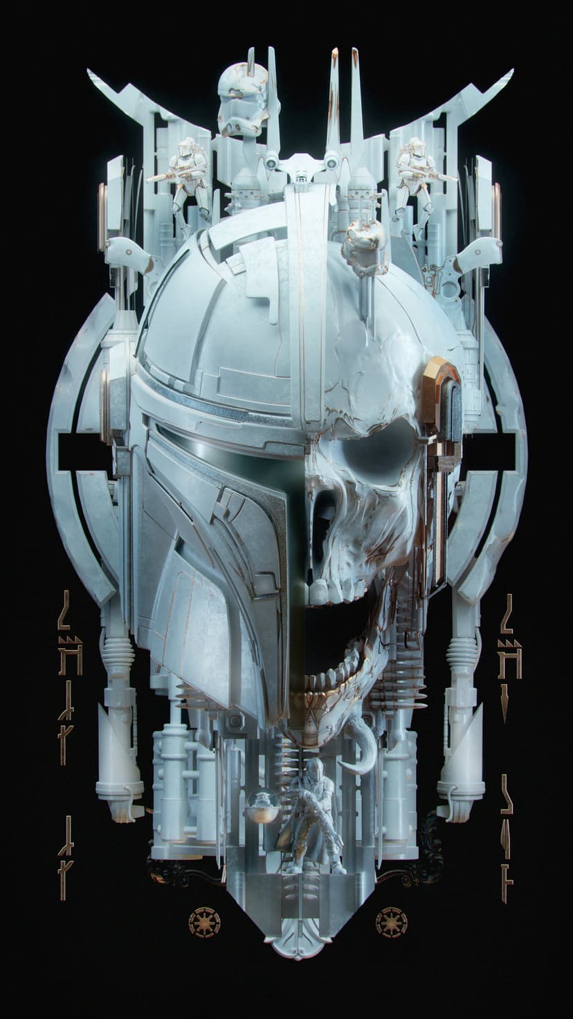 Mandalorian helmet fused with a human skull featuring mechanical gears, Imperial logos, and Aurebesh script.