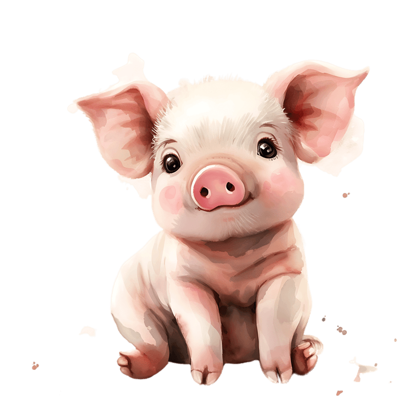 Seated watercolor piglet illustration featuring soft pink pigment, large floppy ears, and big expressive eyes.