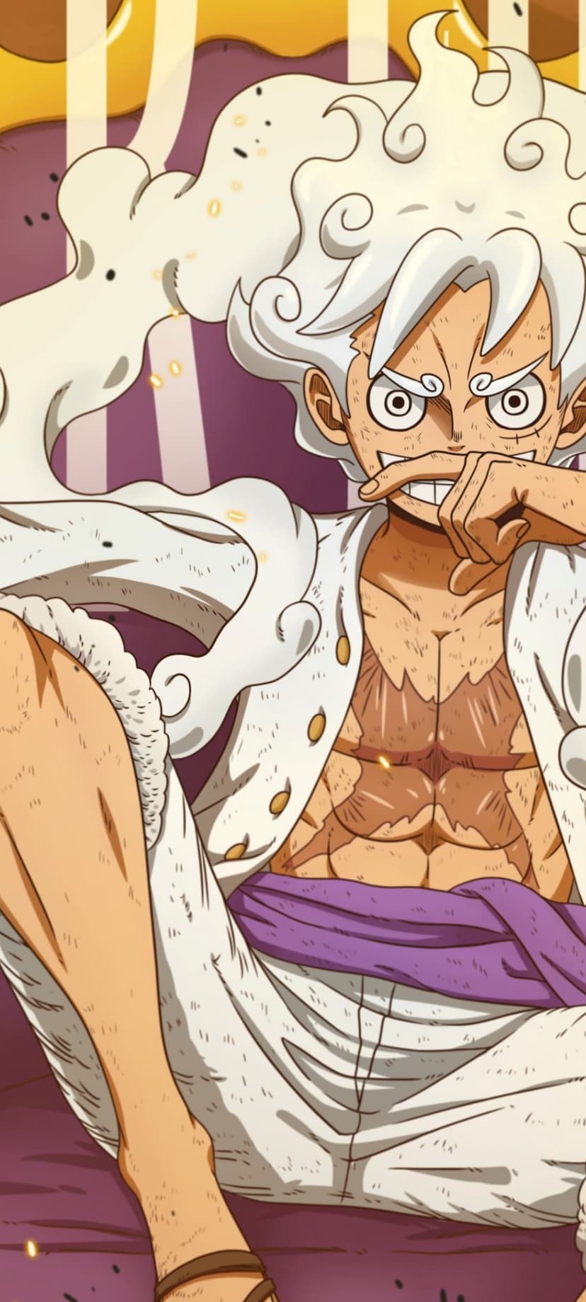 Monkey D. Luffy in Gear 5 form with white hair sits while holding a finger to his mouth in a calm pose.