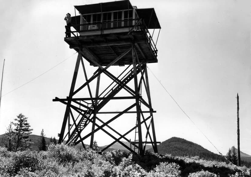 Wooden fire lookout tower with a person on the deck overlooking a vast, misty monochrome mountain valley.
