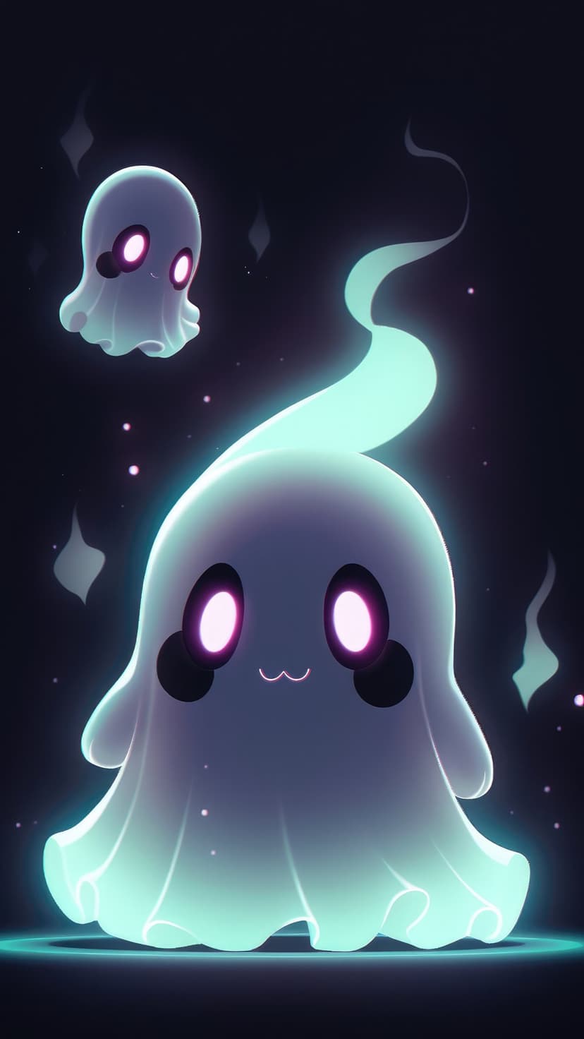 Glowing white ghost with large eyes floats amidst purple wisps, teal light, and sparkling diamond shapes.