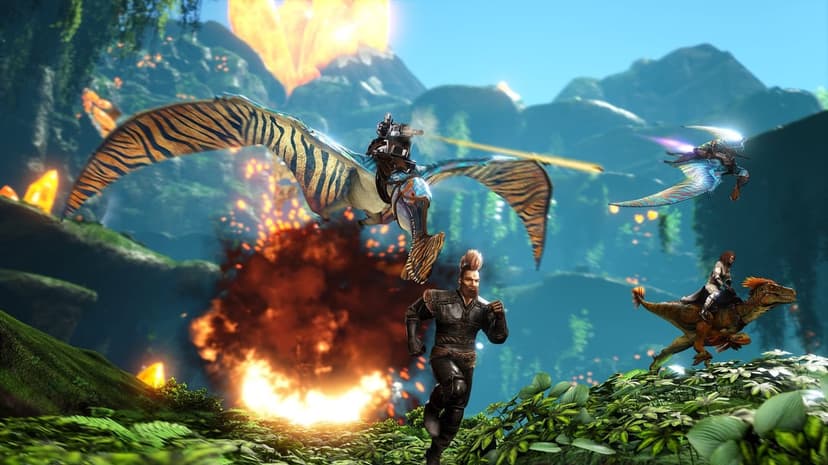 Man running from a fire explosion while riders on a striped pterosaur and raptor battle in a lush jungle.