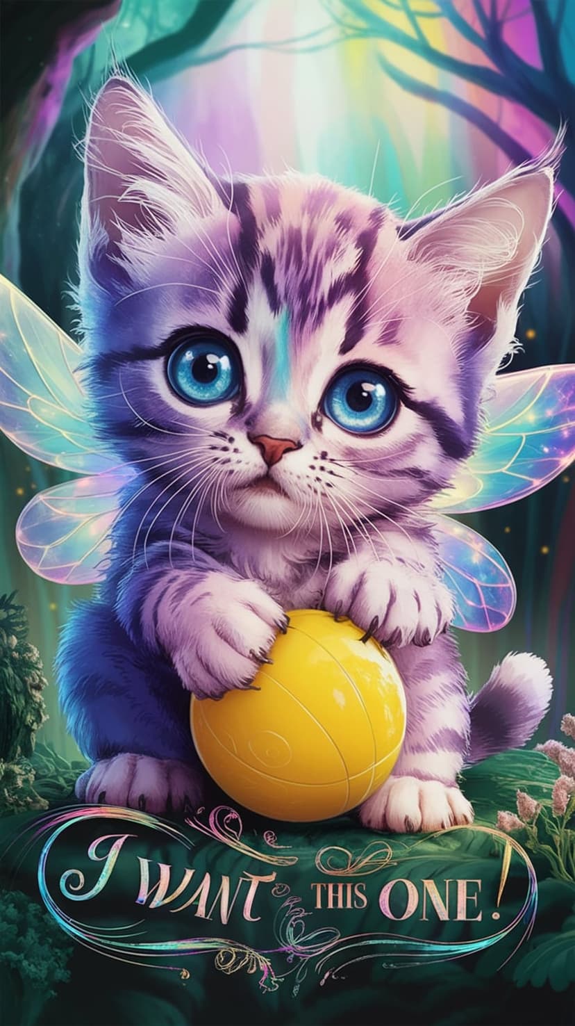 Purple striped kitten with iridescent wings holds a golden ball while sitting on green leaves in a magical forest.