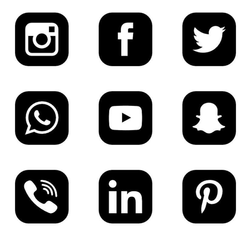 Social media icons set displayed in a grid layout featuring minimalist black logos on transparent backgrounds.