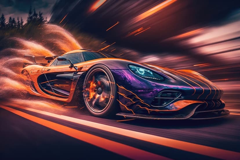 Futuristic purple sports car accelerating through orange fire and smoke with glowing neon light streaks.