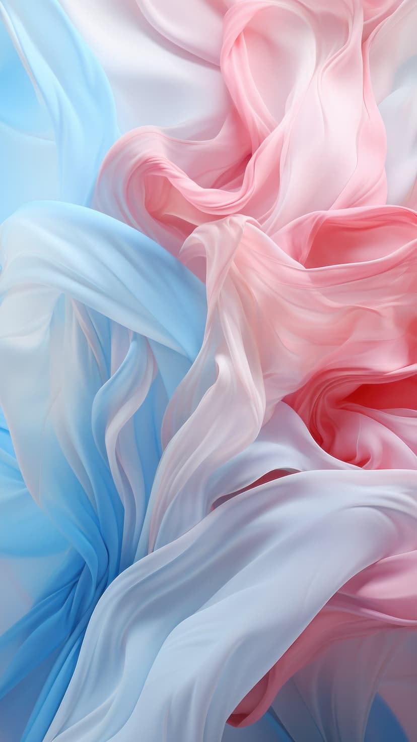 Pink and blue silk fabric folds create a soft gradient wave with light diffusion across a smooth surface.