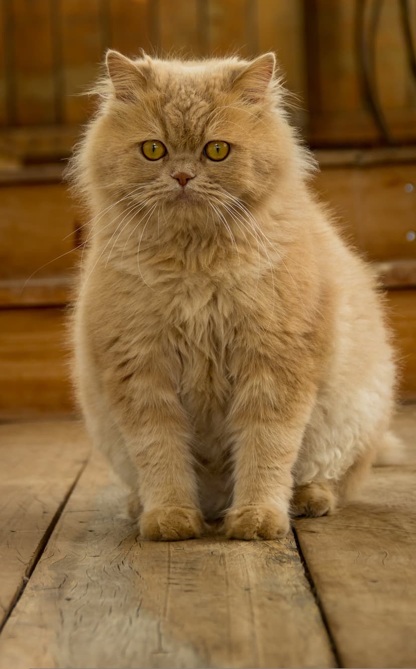 Fluffy ginger cat with yellow eyes sitting on a rustic wooden floor with long whiskers and soft fur.