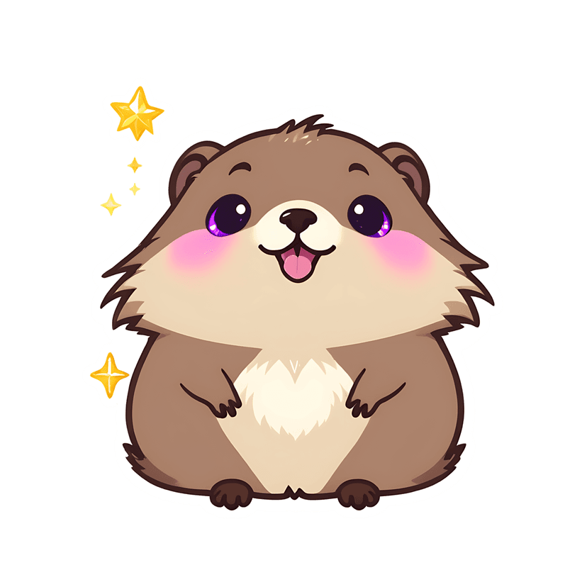 Brown hamster sticker with purple eyes, white belly fur, and yellow stars on a white border background.