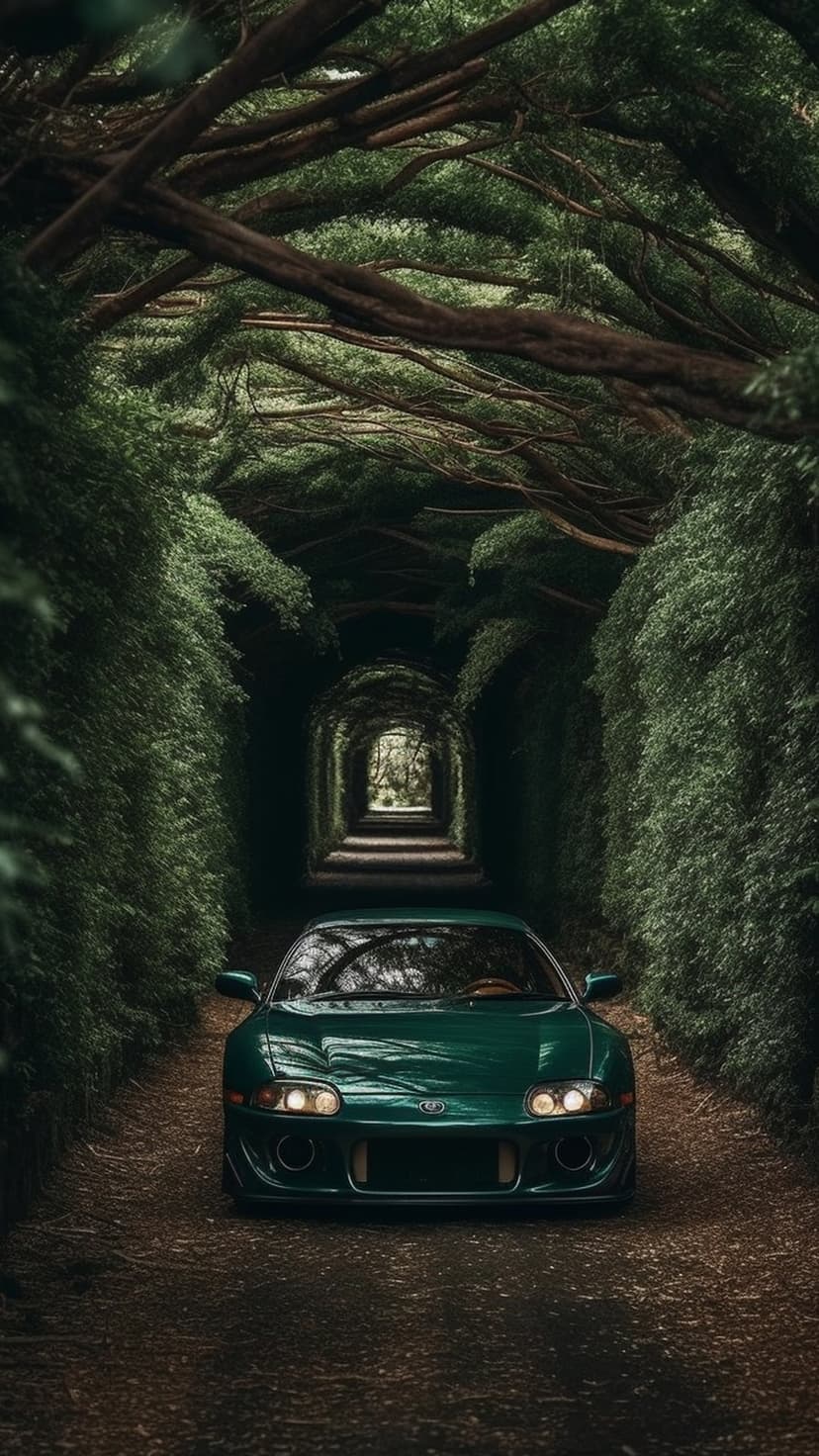Green classic car driving on a shaded road through a dense canopy of overhanging tree branches with dappled light.