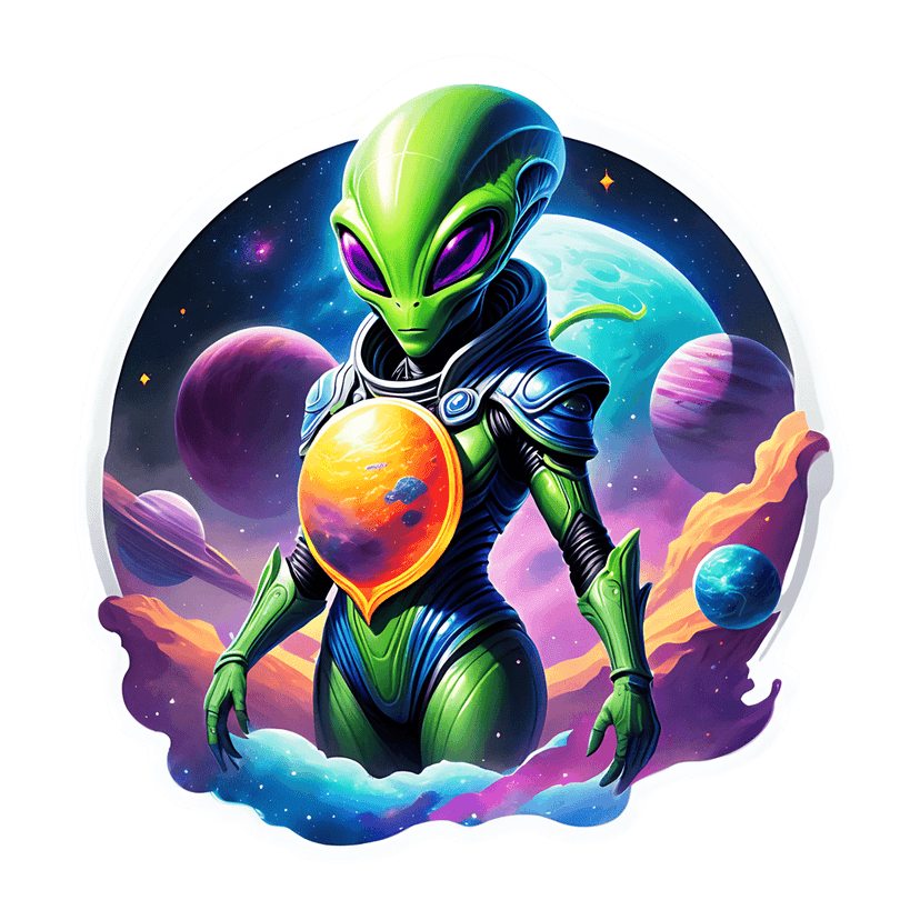 Green alien explorer wearing futuristic armor with a glowing orange chest orb surrounded by colorful planets.