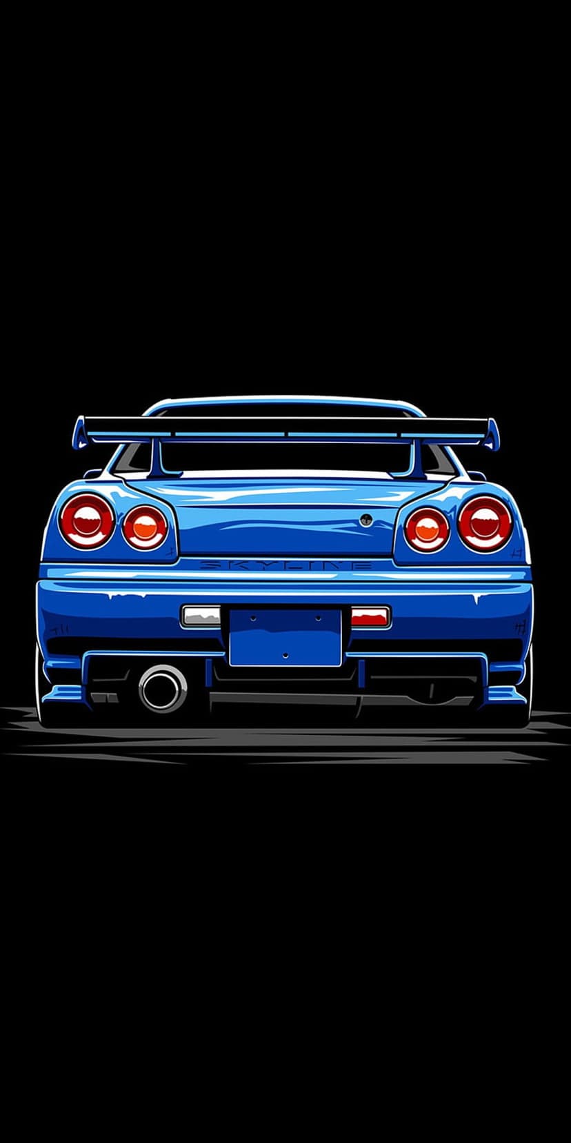 Blue Nissan Skyline GT-R R34 rear view with quad circular taillights and a large spoiler on a plain background.