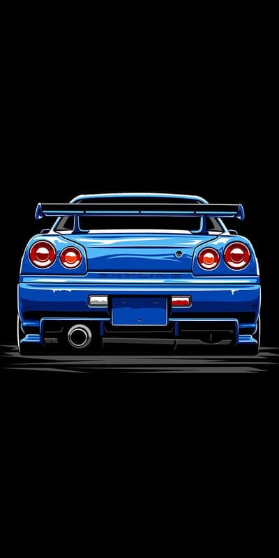 Blue Nissan Skyline GT-R R34 Rear View Illustration