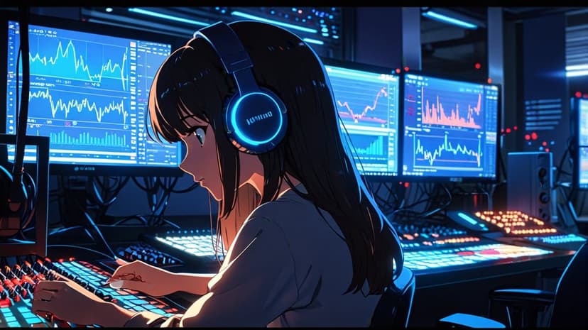Young woman with headphones observes glowing blue stock market charts on multiple computer monitors in a dark room.