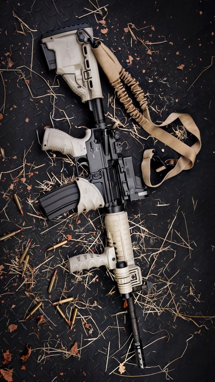 Tan tactical rifle with a black magazine sits near scattered ammunition cartridges on a textured dark background.