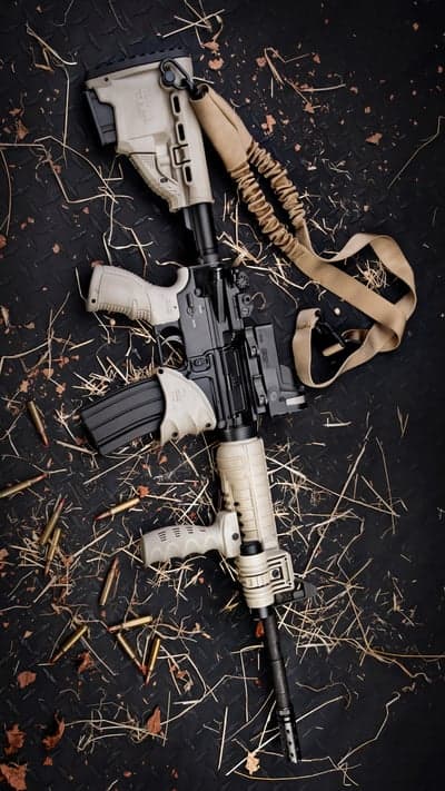 Tactical Rifle with Magazine and Ammunition on Textured Surface