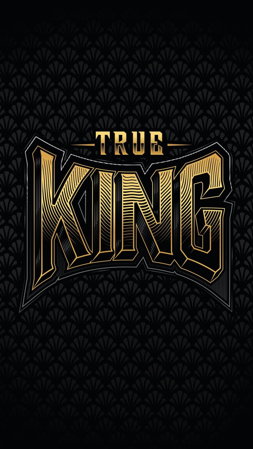 Gold True King text with metallic outlines centered on a black background featuring intricate Art Deco patterns.