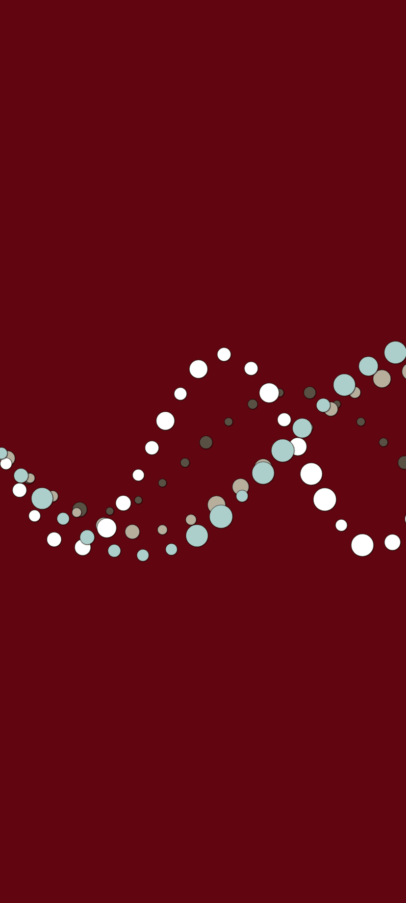 Multicolored circles arranged in a wavy line flow diagonally across a solid dark maroon background.