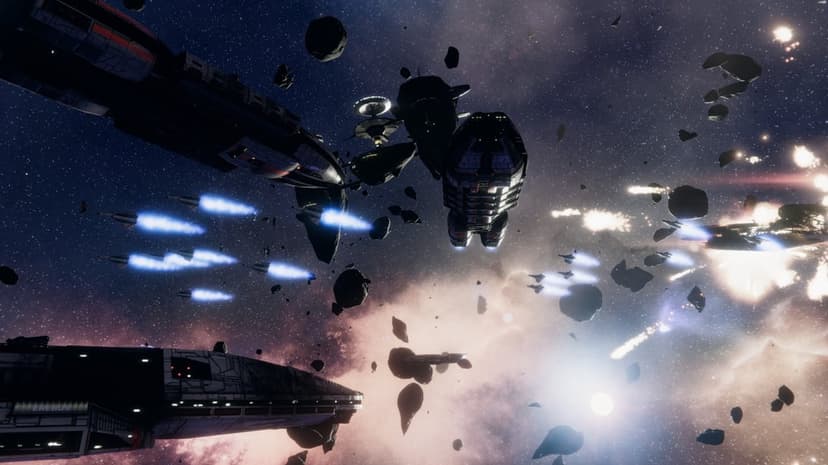 Massive spaceships and fighter jets engage in combat amidst a dense asteroid field against a glowing nebula background.