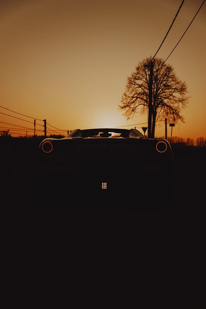 Sports car silhouette with glowing circular taillights parked against an orange sunset sky and bare tree.