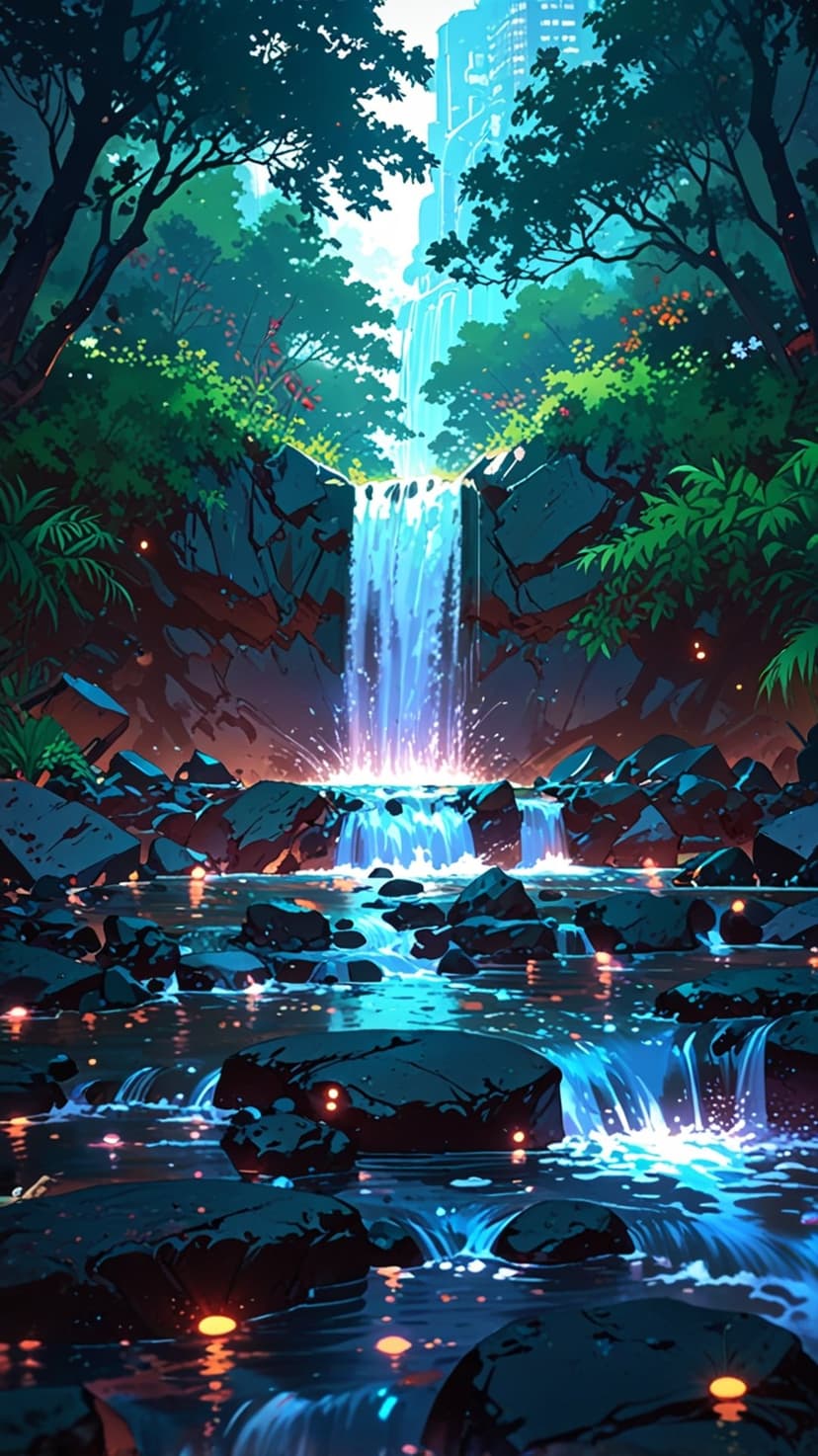 Glowing blue waterfall cascading from rocky cliffs toward a distant futuristic city with tall skyscrapers.