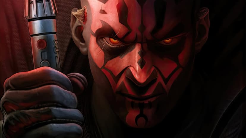 Darth Maul sith lord portrait featuring red skin and black facial tattoos with yellow eyes and cinematic lighting.