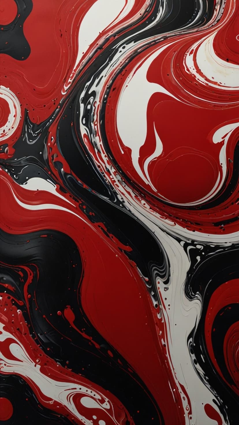 Swirling red, black, and white liquid paint patterns merge in a high-contrast organic fluid composition.