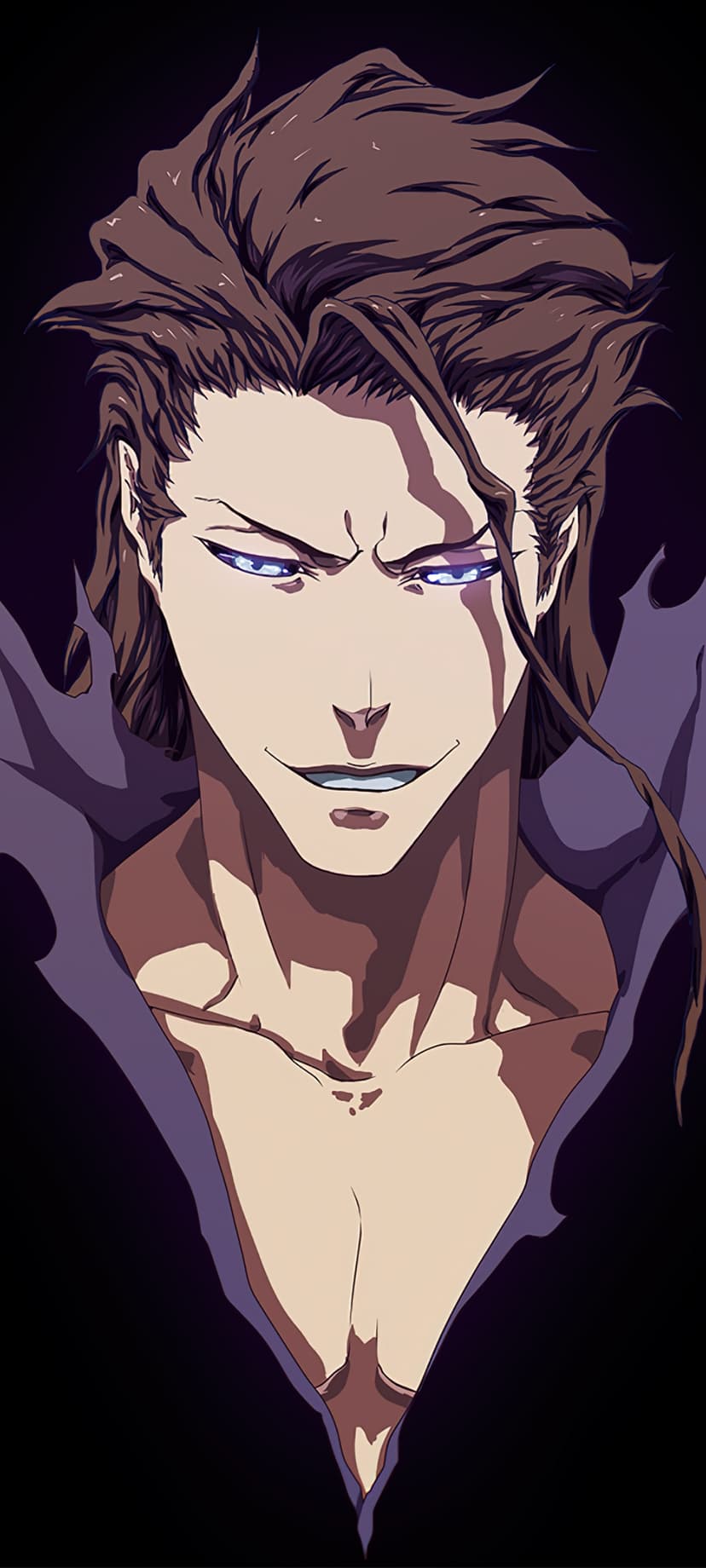 Sosuke Aizen with a subtle smirk and glowing blue eyes is framed by radiating purple energy on a dark background.
