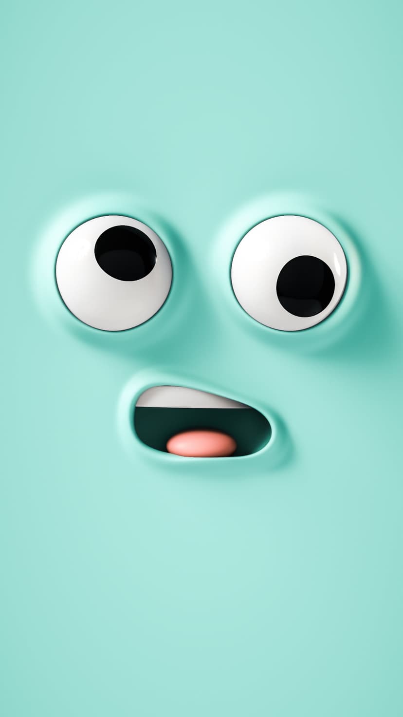 Surprised teal face with large googly eyes looking upward and a small pink tongue inside an open oval mouth.