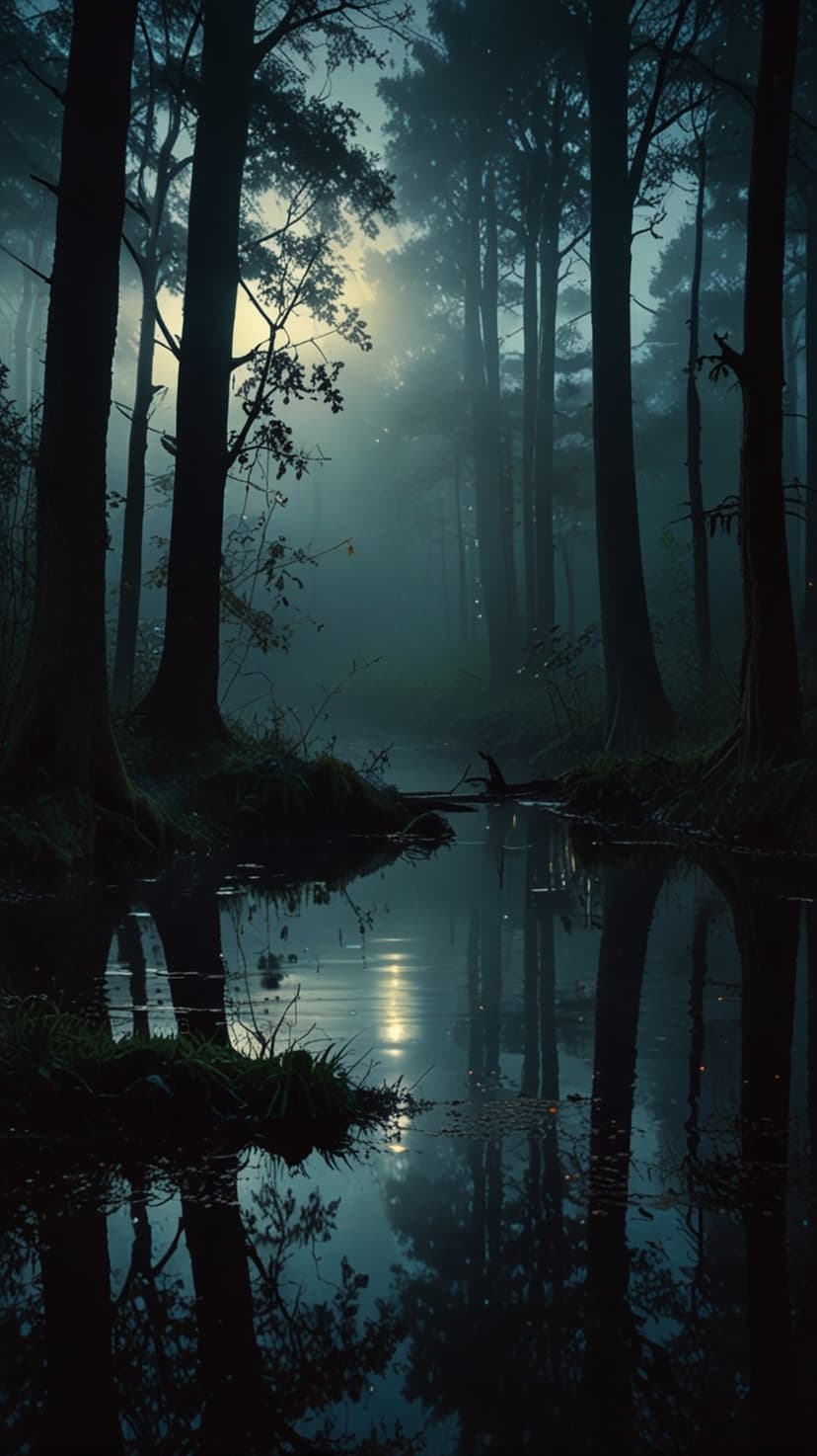Misty creek surrounded by tall trees at twilight with floating golden lights reflecting on the calm water surface.